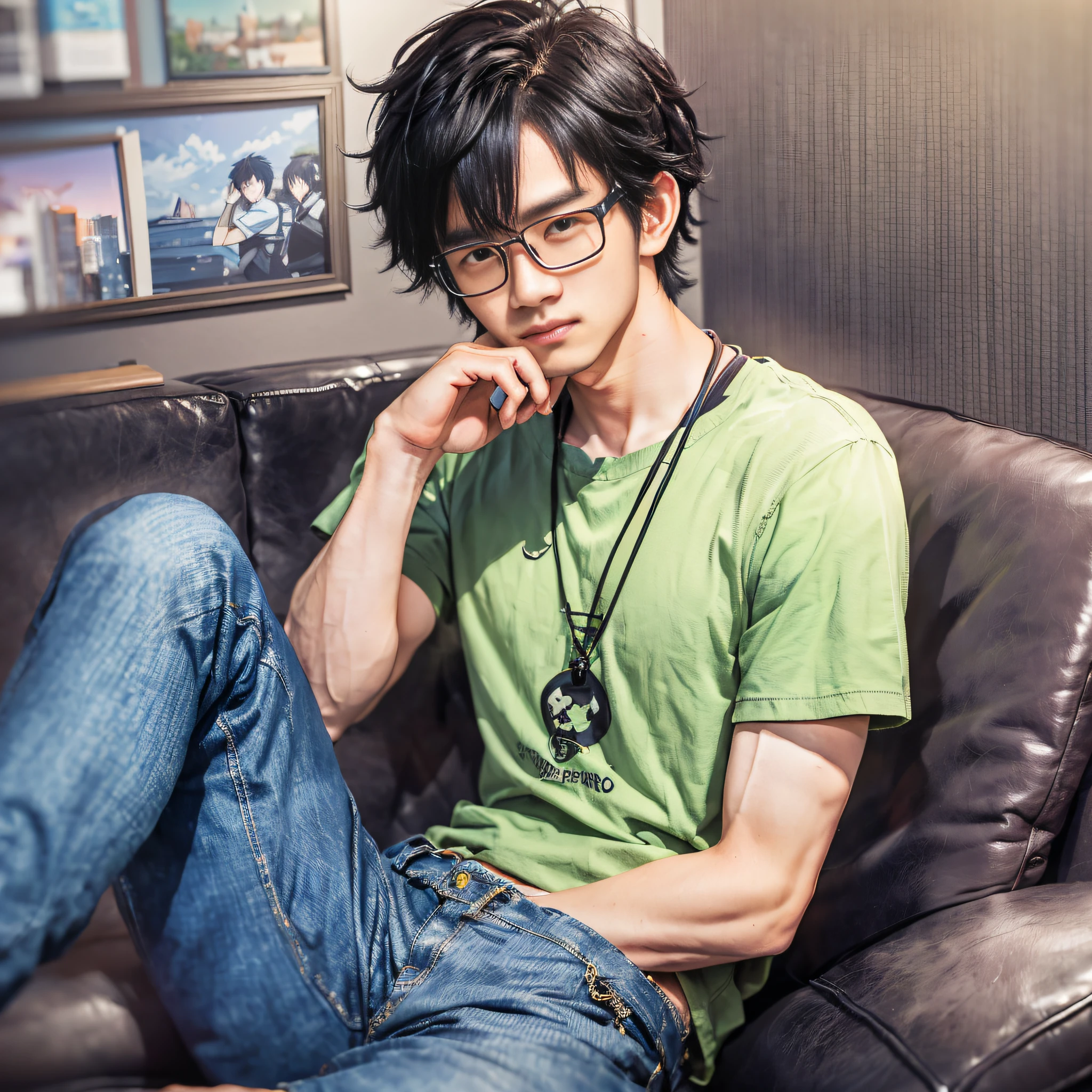 Man sitting on sofa with hand on chin, Yuichiro Fukaya, handsome anime pose, Kentaro Miura style, Kentaro Miura style!!!!, Isayama Isaji style, full body 1/6 Tsutomu Nihei, Makoto Yukimura, "Range Murata and Art Germ"