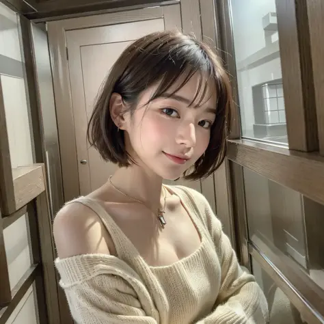 ((Best quality, 8k, Masterpiece :1.3)), 1girl, beautiful woman, (short hair, small breasts: 1.2), super delicate face, delicate eyes, double eyelids, smile, home, love me, look at finder, love, lover, Cute Japan Woman Pictures, Small Breasts, Very Short Bo...