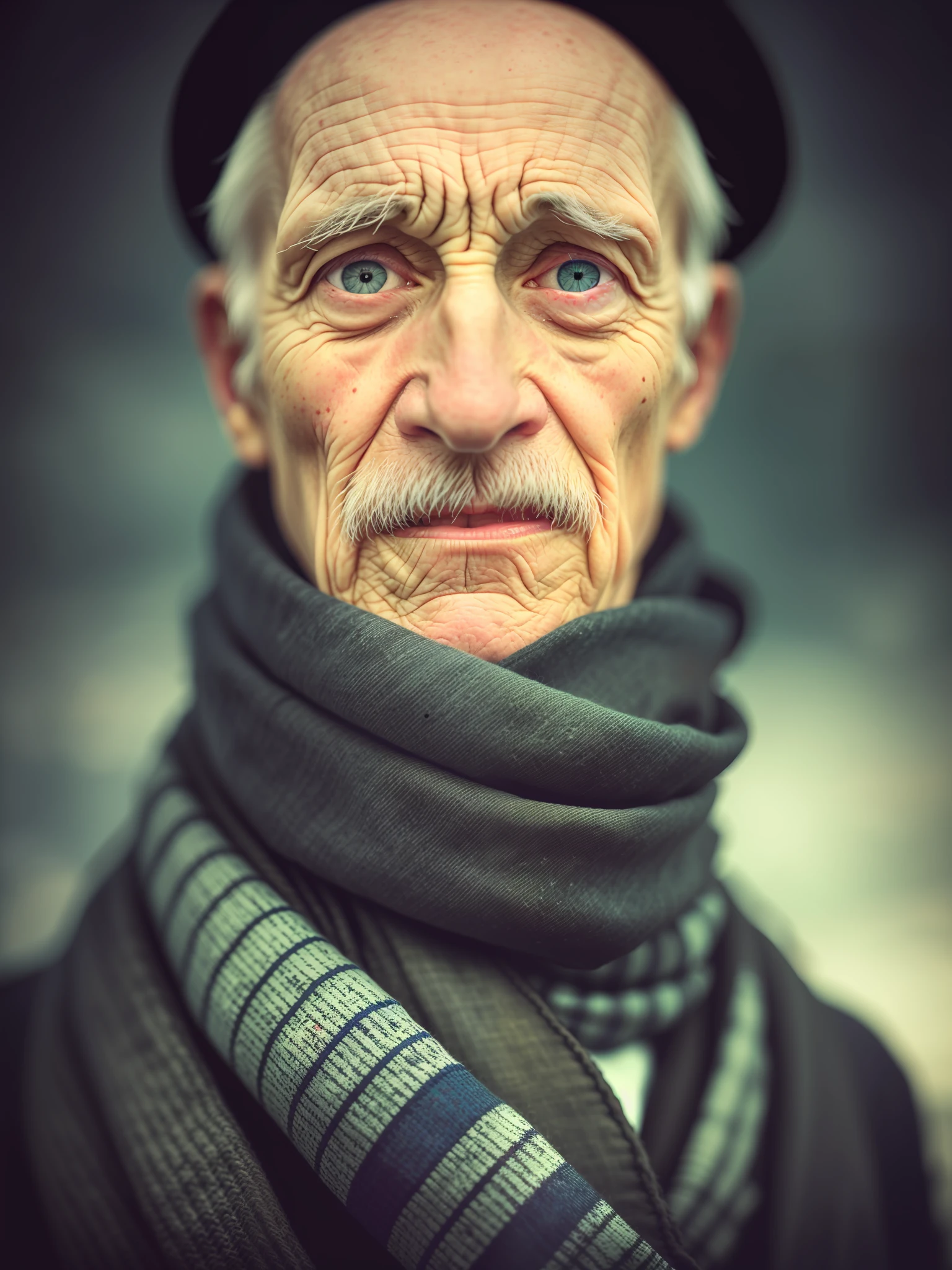 award winning upper body portrait photo of an old screaming sailor, wearing scarf, eyes looking upwards, (bokeh:0.7), sidelit, (wrinkled face in detail:0.7), telephoto, moonlit, torchlit, gritty atmosphere, oceanic night exterior, realistic, intricate details, true aged skin texture