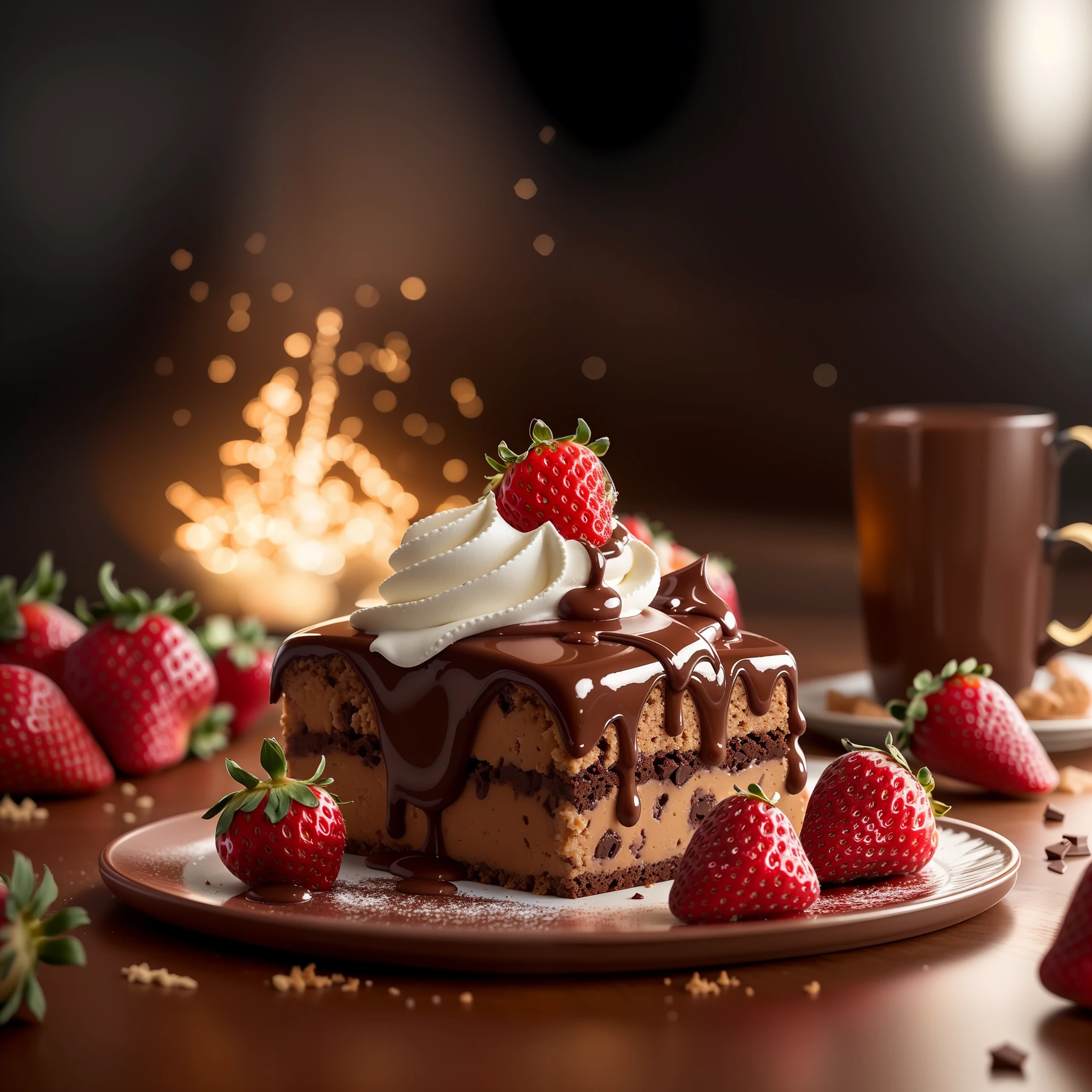 Es gibt ein Stück Kuchen mit Schokolade und Erdbeeren auf einem Teller., high quality Food-Fotografie, Lebensmittelwerbung 4k, 4k Food-Fotografie, 4 k Food-Fotografie, amazing Food-Fotografie, professional Food-Fotografie, Schlagsahne obendrauf, Food-Fotografie 4 k, Food-Fotografie, close up Food-Fotografie, award winning Food-Fotografie, tolle tolle Komposition