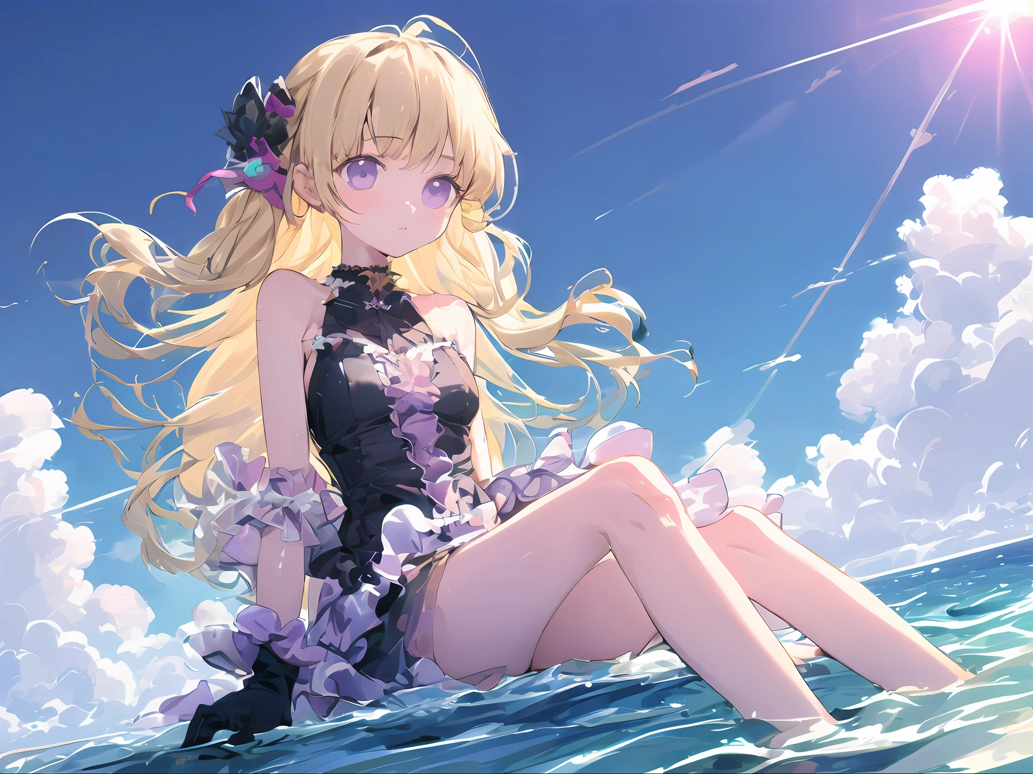 Sea of clouds, colorful clouds, young girl, alone, fantastic long hair, blonde hair, pink on the inside of the hair, delicate and beautiful face, gentle expression, sitting on the cloud, transparent black gloves, bare legs, bathing in the sun, dull purple eyes, bare shoulders, a blouse