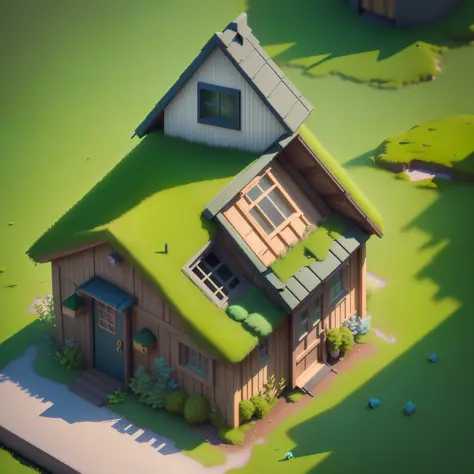 Isometric House, (Isometric 3D), Masterpiece, (Extremely Detailed CG Unity 8k Wallpaper), (Best Quality), (Best Illustration), (Best Shadow), Round Radish Huts Covered with Moss, Octane Rendering, Ray Tracing, Ultra Detailed