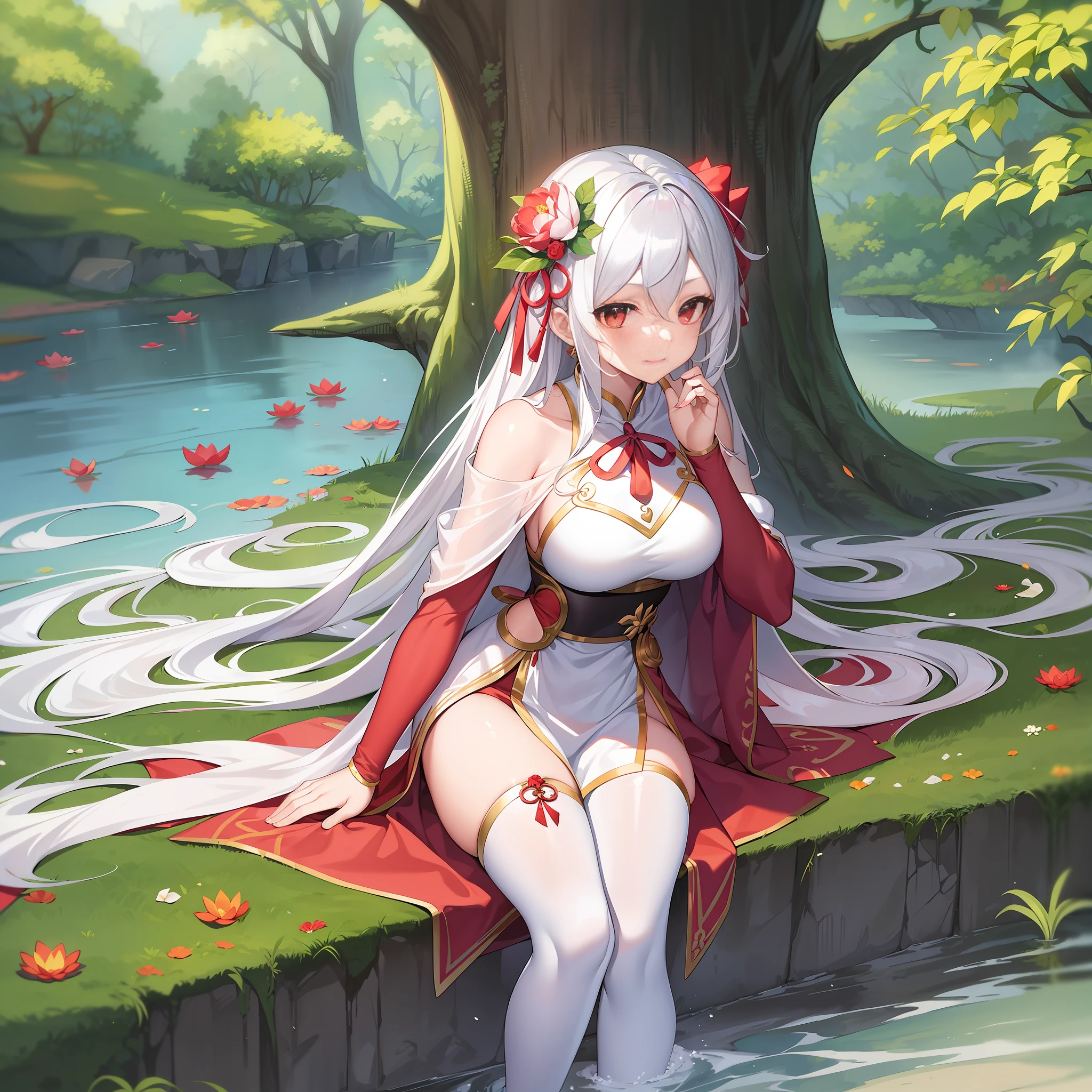 The illustration prompts are as follows: Character expressions: proud smile, bright eyes, slightly wrinkled eyebrows Hairstyle and color: long hair shawl, snow white, red lotus on the left side Clothing style and color: wearing a white breastplate, a white ribbon at the waist, a white silk long skirt with a hollow hem, revealing a white bright silver pants skirt, and a red ribbon wrapped around the legs Accessories on the figure: white jade bracelet, red jade pendant around the waist Character posture: holding the red lotus with both hands, slightly bending the knees, looking forward The light of the environment: orange sunset rays on the body Ambient atmosphere: quiet and solemn, thoughtful Environmental characteristics: stone steps, grass, flowers, lakes Environmental time: evening