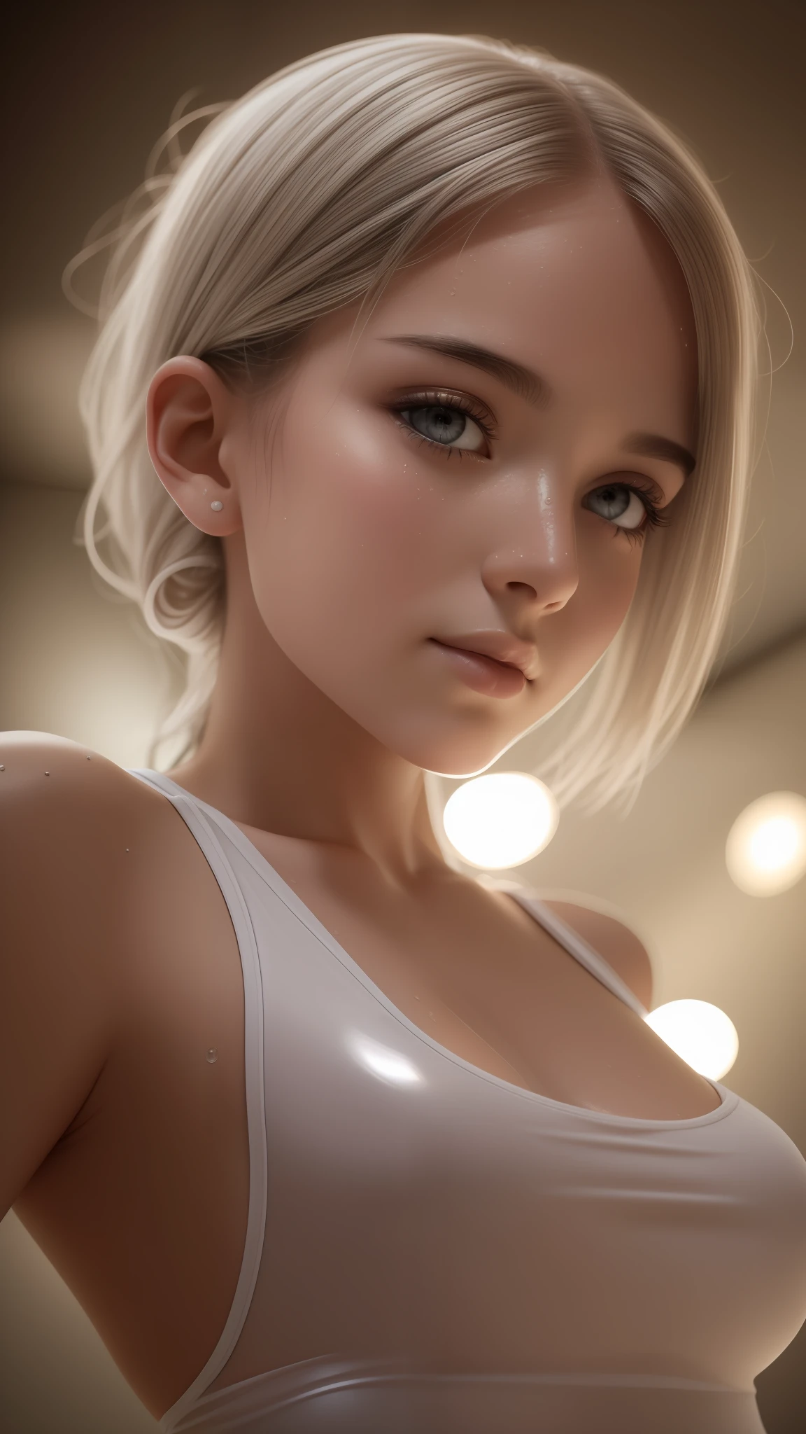 White, wet, tight tank top, portrait, best quality, 1 girl, solo, black eyes, looking at the viewer, angle from below, small breasts, shiny skin, natural-looking makeup, torso, bedroom, ultra-high resolution, cinematic lighting (lifelike). Details, ultra-detailed, extremely detailed eyes and face: 1.0), good cheek, (sweaty skin, lens effect: 0.8), not blurry --auto --s2