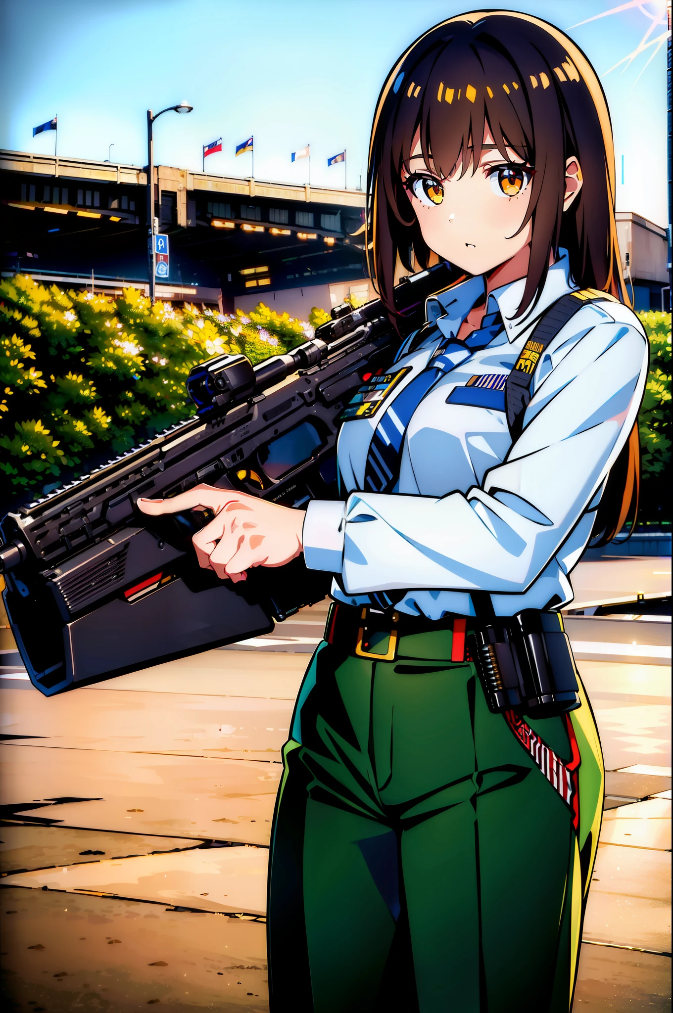 ((chef-d&#39;œuvre)), ((Meilleure qualité)), ((haute résolution)), 1fille, seulement, (officier de police), (pantalon assorti), (M16A2), toile de fond de la ville, tenant un fusil, déclencher la discipline,