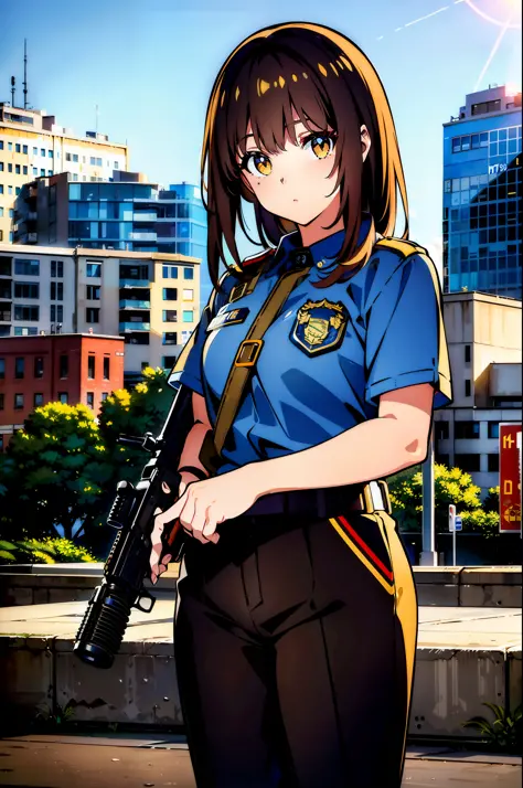 ((masterpiece)), ((best quality)), ((highres)), 1girl, solo, (police officer), (matching pants), (m16a2), city backdrop, holding...