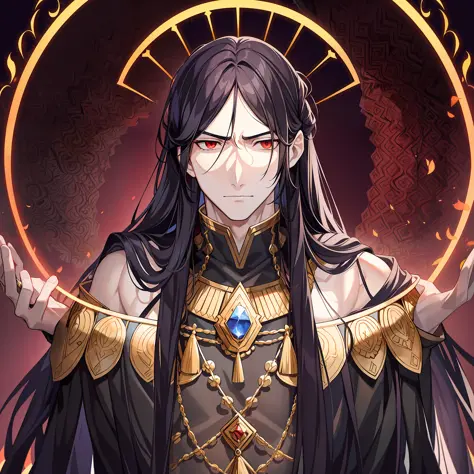 An emperor with long black hair and ancient costume. His posture is tall, and his temperament is arrogant and cold. Long black h...