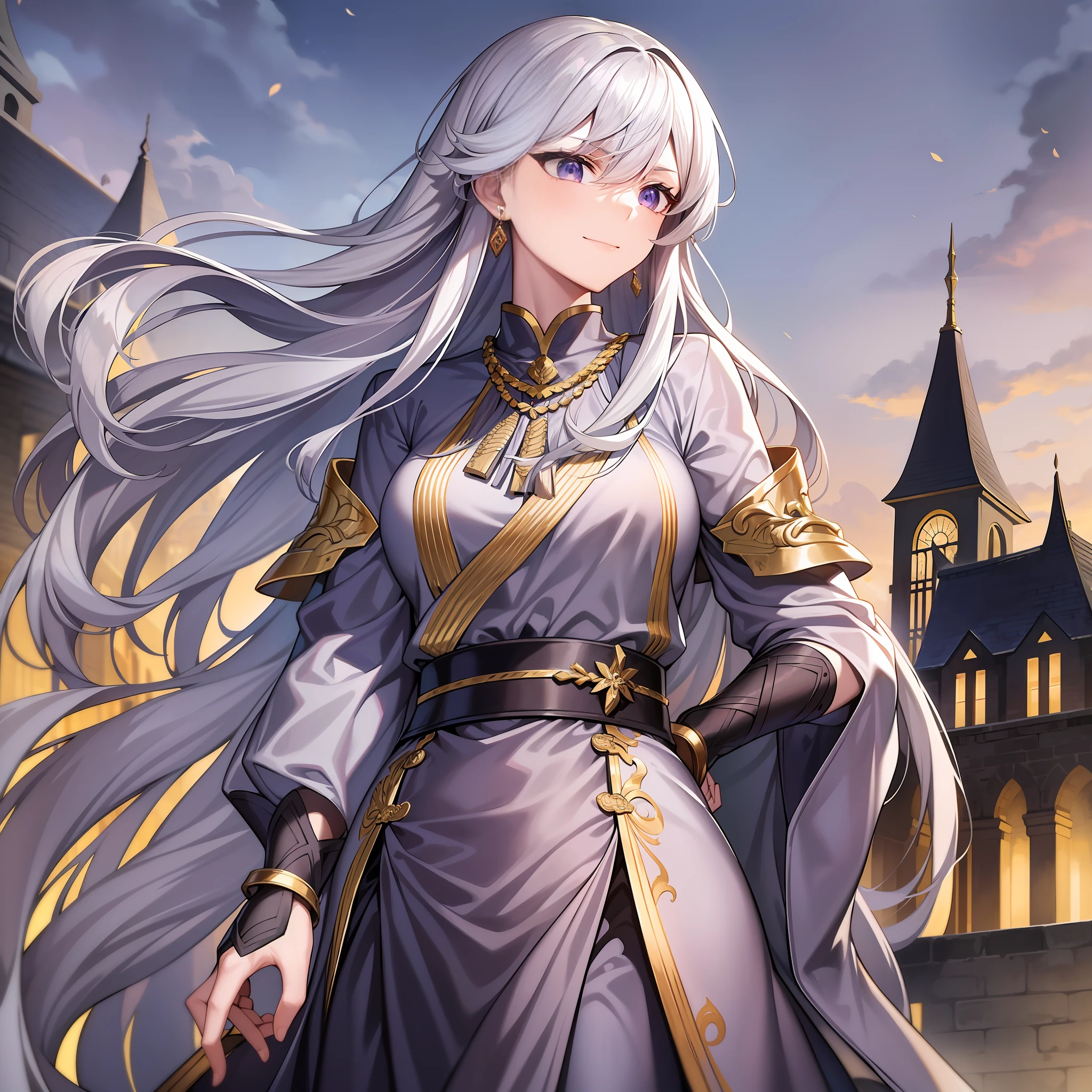 Character expressions: arrogant, indifferent, sharp eyes, slightly raised corners of the mouth
Hairstyle and color: long silver-white hair shawl, slightly curly
Style and colour: Dark grey robe with gold embroidery at the cuffs and hem, and a silk belt around the waist
Accessories on the figure: earrings paired with necklace, set with pearls, gold bracelets on wrists and gold rings between fingers
Character posture: Pacing gracefully, with his right hand lightly supporting the belt around his waist, and his left hand on his robe, with a calm and unhurried attitude
Environment: On the fortified city wall, standing on a high place and watching the battlefield ahead, thousands of troops are fighting fiercely in front of you
Atmosphere: tense and full of fighting spirit
Environmental characteristics: The protagonist stands on the city wall, overlooking the battlefield, seemingly calm, but thinking about the battle situation in his heart
Ambient time: Dusk
Remarks: The aura exuded by this female emperor is noble and cold, with a touch of erratic elegance. Her expression was imperceptible, but she smiled when she looked down on the battlefield, as if she was confident that she would win.