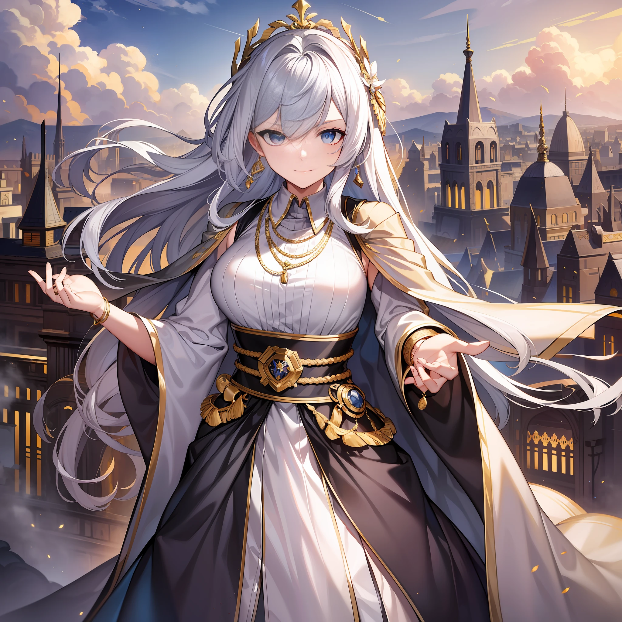 Character expressions: arrogant, indifferent, sharp eyes, slightly raised corners of the mouth
Hairstyle and color: long silver-white hair shawl, slightly curly
Style and colour: Dark grey robe with gold embroidery at the cuffs and hem, and a silk belt around the waist
Accessories on the figure: earrings paired with necklace, set with pearls, gold bracelets on wrists and gold rings between fingers
Character posture: Pacing gracefully, with his right hand lightly supporting the belt around his waist, and his left hand on his robe, with a calm and unhurried attitude
Environment: On the fortified city wall, standing on a high place and watching the battlefield ahead, thousands of troops are fighting fiercely in front of you
Atmosphere: tense and full of fighting spirit
Environmental characteristics: The protagonist stands on the city wall, overlooking the battlefield, seemingly calm, but thinking about the battle situation in his heart
Ambient time: Dusk
Remarks: The aura exuded by this female emperor is noble and cold, with a touch of erratic elegance. Her expression was imperceptible, but she smiled when she looked down on the battlefield, as if she was confident that she would win.