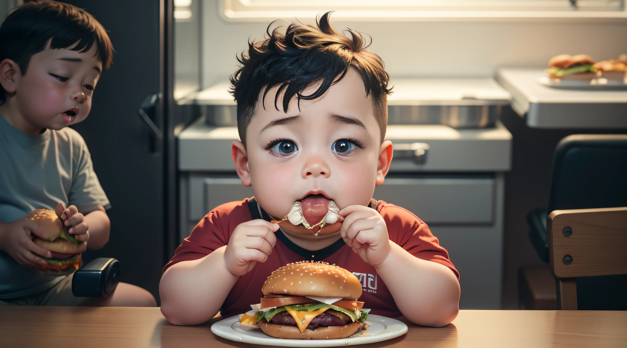 Il y a deux jeunes garçons qui mangent un hamburger et un sandwich - SeaArt  AI