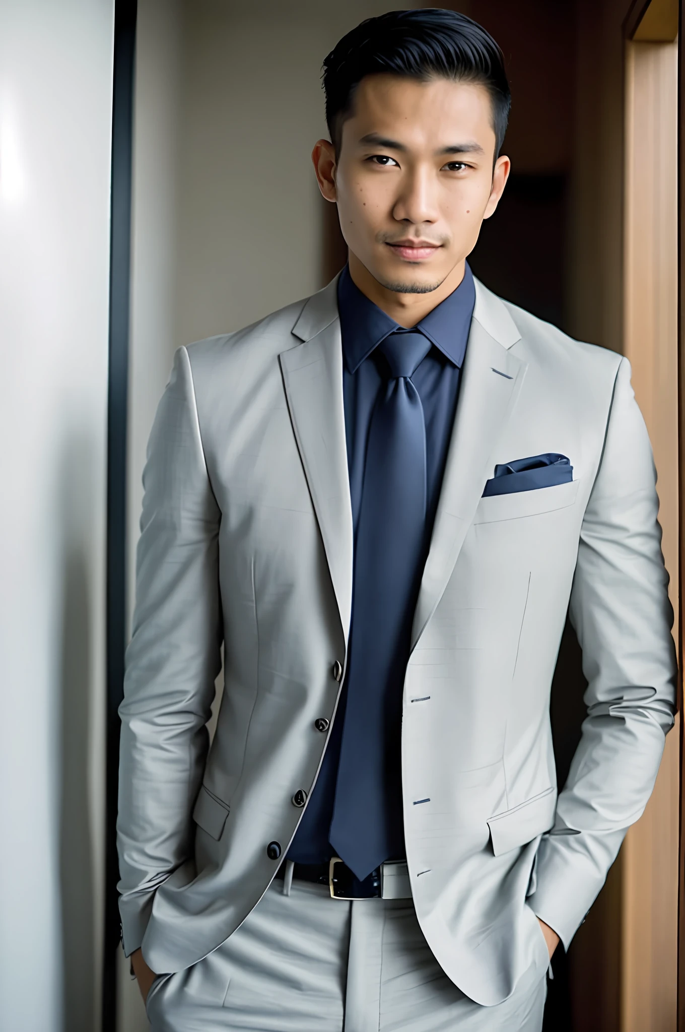 arafed Indonesian man in a light grey suit and navy tie and navy shirt, wearing business suit, wearing a business suit, wearing suit, wearing suit and tie, wearing a stylish men's suit, with a business suit on, wearing black grey suit, wearing a suit and tie, wearing a suit, handsome chad chin, wearing dark grey suit, suit and tie, navy shirt, ((navy shirt))