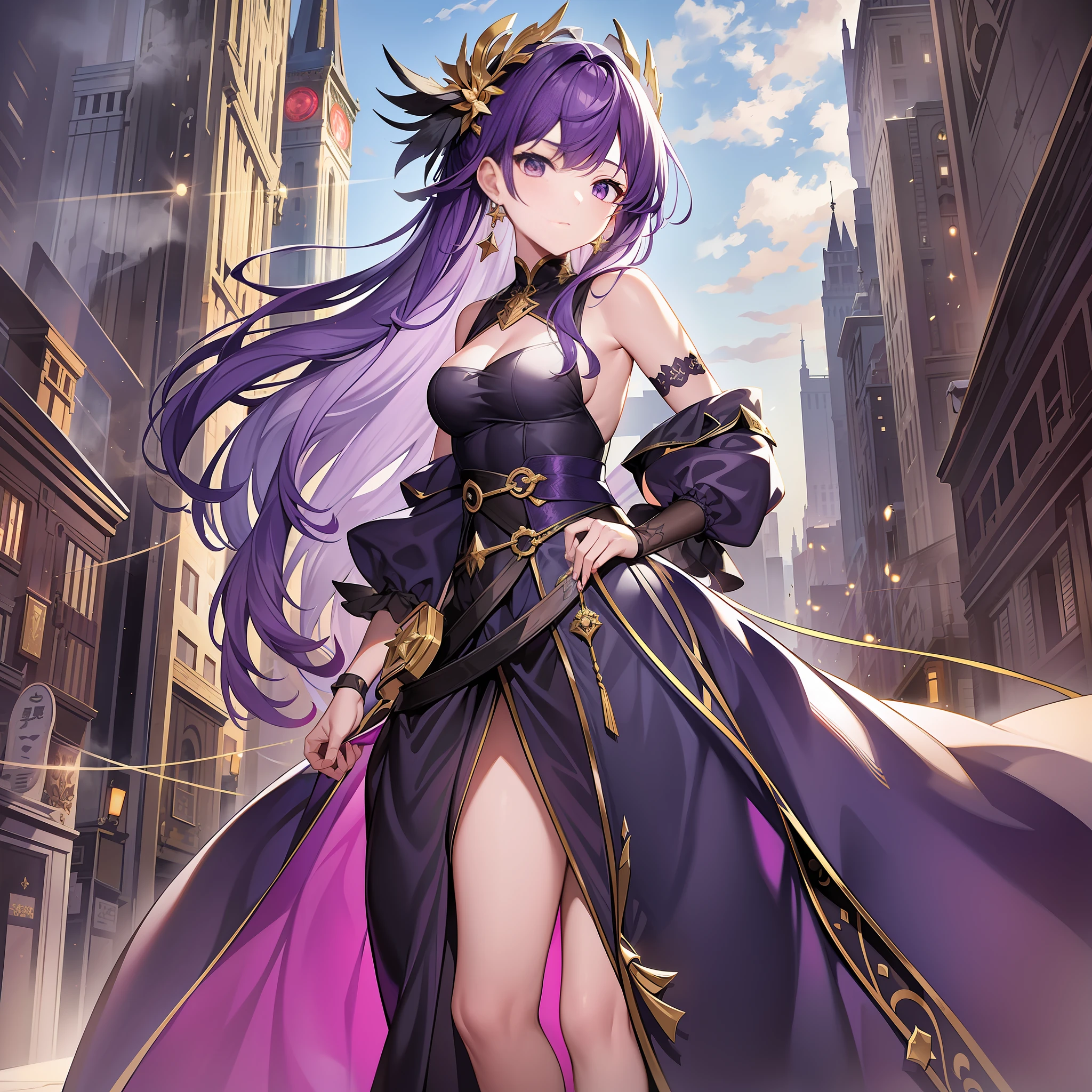 Character expressions: firm, decisive, sharp eyes.
Hairstyle and color: purple curly hair, coiled behind the head, looks very elegant, and slightly elegant.
Clothing style and color: Deep purple battle robe, the robe is scattered to the feet, and the cuffs are depicted with white stars, showing a feeling of starry light in the firmament.
Accessories on the figure: A string of star-sparkling silver chains is worn on her wrist, and silver stud earrings loom in her curly hair.
Character pose: Wearing a war robe, standing above the head of the city, leaning on the pillar with his left hand and a long sword in his right hand, standing in the wind, awe-inspiring.
Location: On the war-torn city wall, under the city tower is a steaming smoke.
Atmosphere: war, tension
Environmental characteristics: The iron riding above the head of the city is empty, and the sword light and shadow are tense and exciting.
Ambient time: Dusk