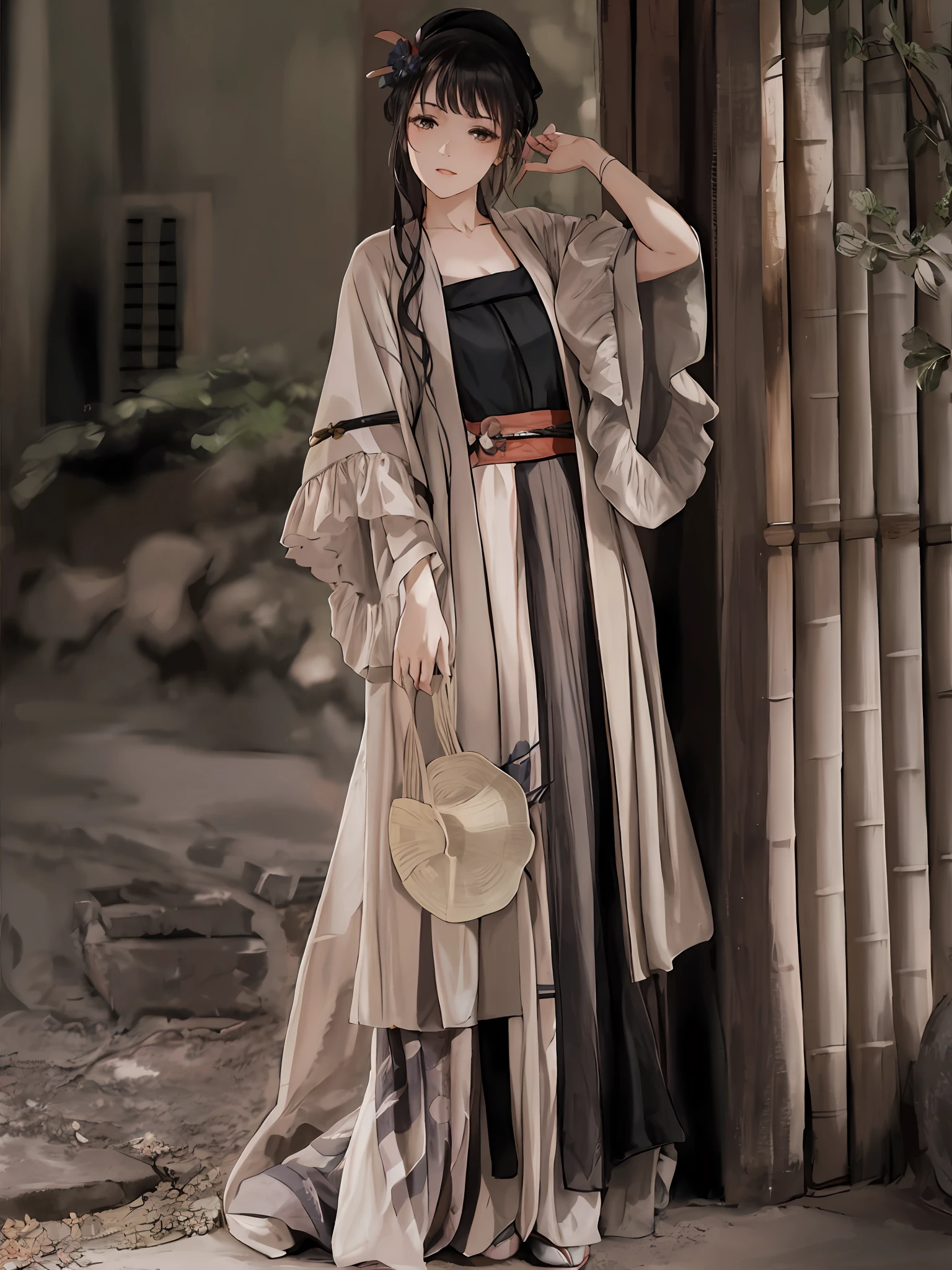 Arafed Frau in einem langen Kleid und Hut steht vor einer Bambus-Struktur, long beautiful flowing Kimono, hanfu, mit langen, fließenden Kleidern bekleidet, pale and coloured Kimono, Kimono, mehrlagiges Outfit, classic Kimono, Japanische Kleidung, mit antiker chinesischer Kleidung, edle Yukata-Kleidung, wearing Kimono, traditionelle chinesische Kleidung, hakama Kimono