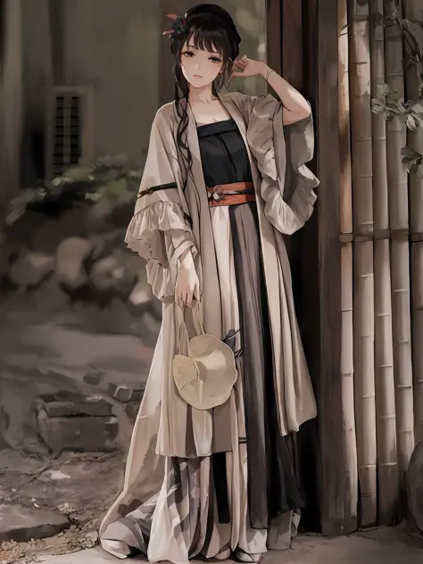 arafed woman in a long dress and hat standing in front of a bamboo structure, long beautiful flowing kimono, hanfu, dressed with...