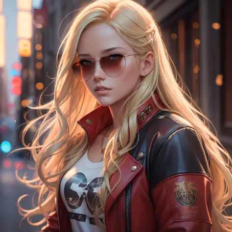 blonde in sunglasses with long hair and red jacket on city street, beautiful digital photorealistic artwork, beautiful digital p...