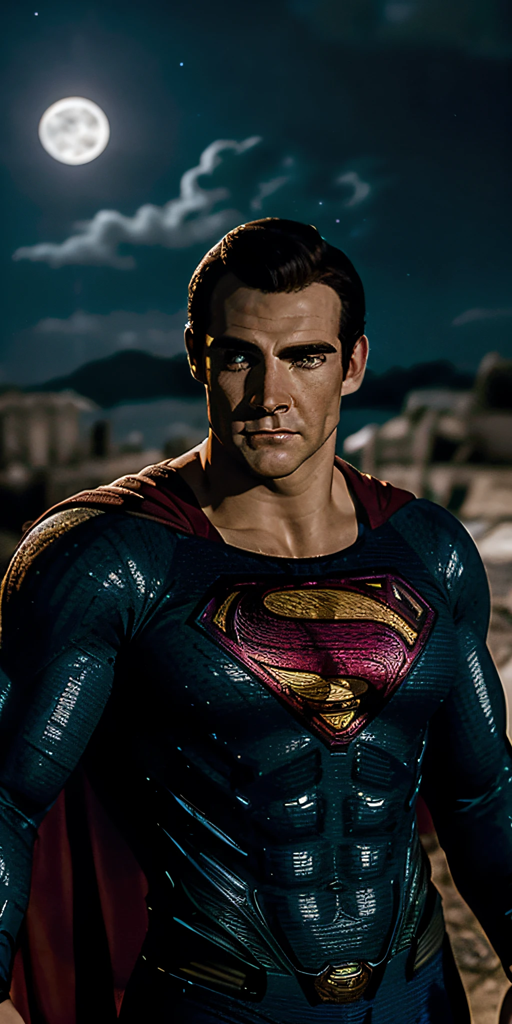 يقف سوبرمان من فيلم Man of Steel في مدينة مفقودة مهجورة ومسكونة. ضوء القمر يسلط الضوء على عضلاتك وندوبك. المشهد خصب وغامض, مع المدينة المظلمة والمناطق المحيطة بها. الكاميرا تفاصيل كل شيء, امرأة محاربة, أمامه.