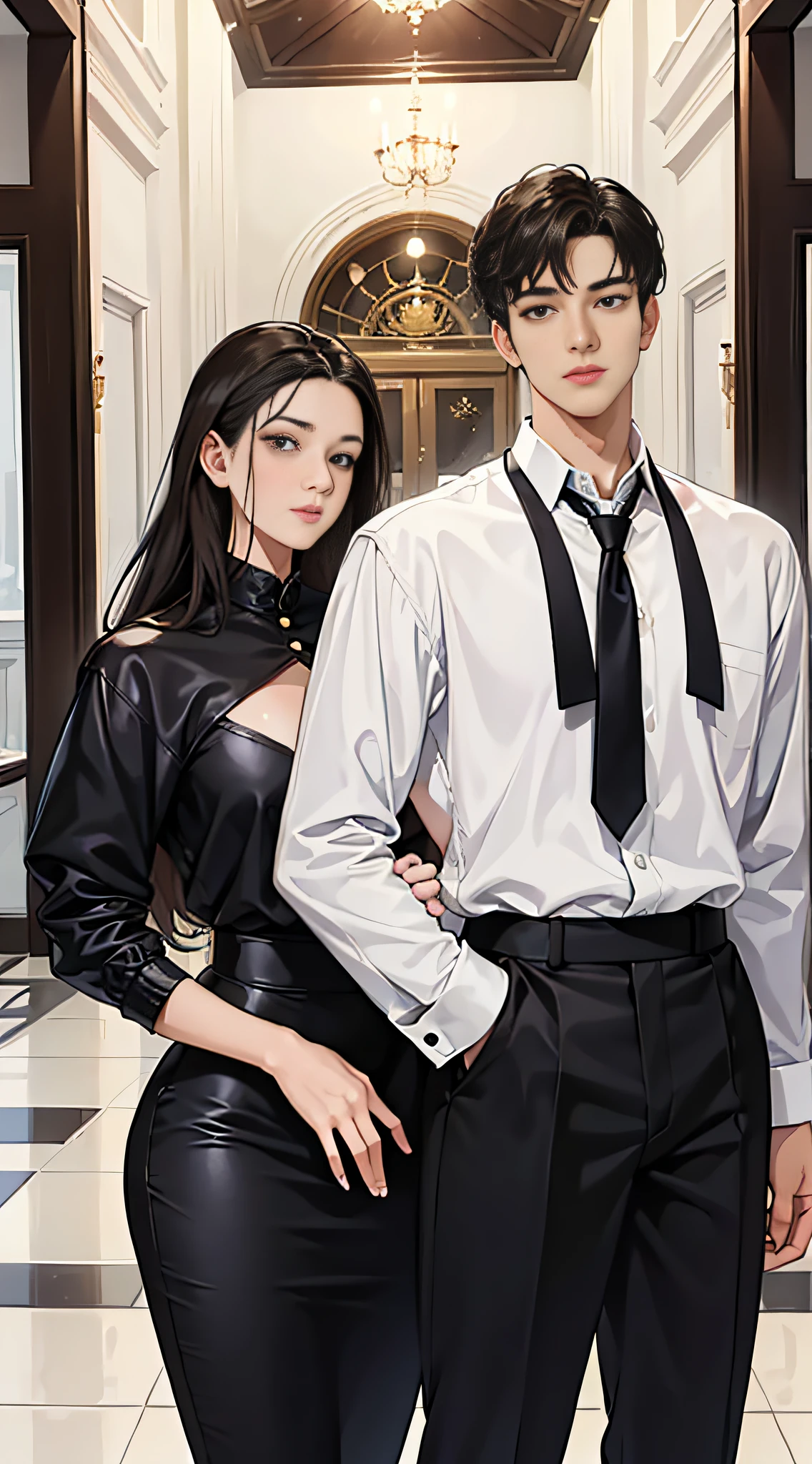 Shown is a man and a woman, with height difference, handsome, 20 years old, white shirt, black pants, back head, handsome, high appearance, high nose bridge, big eyes, double eyelids, mixed race, tall, black hair, brown eyes, symmetrical eyes, looking at the girl,, a woman wearing a beautiful skirt, long black hair, symmetrical eyes, big eyes, black eyes, there is a height difference