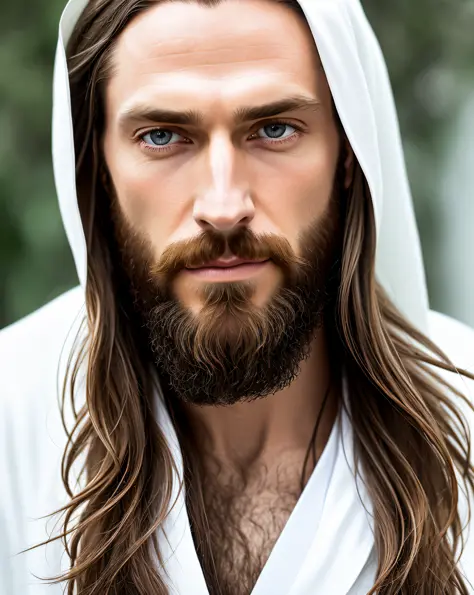 (symmetry),centered,a ((close)) up portrait,(Jesus),a very thin white man with long hair and a beard,wearing a long white robe,35mm,natural skin,clothes  detail, 8k texture, 8k, insane details, intricate details, hyperdetailedhighly detailed,realistic,soft...