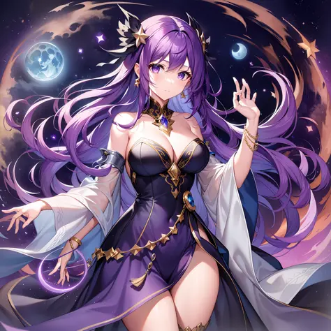 Character expressions: faintly melancholy and mysterious, slender eyes, and seem to have a magic power that makes people fall into them.
Hairstyle and color: long purple hair, shawl down, like a comet in the night sky, giving people a mysterious and moving...