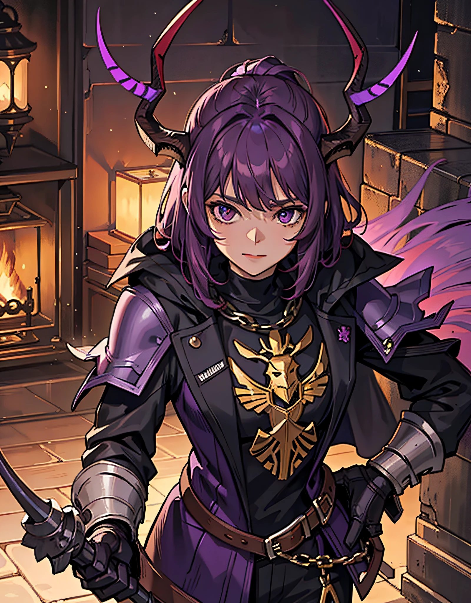 Knight Jackalope, short purple hair, jackalope antlers, dark armor(masterpiece, best quality)