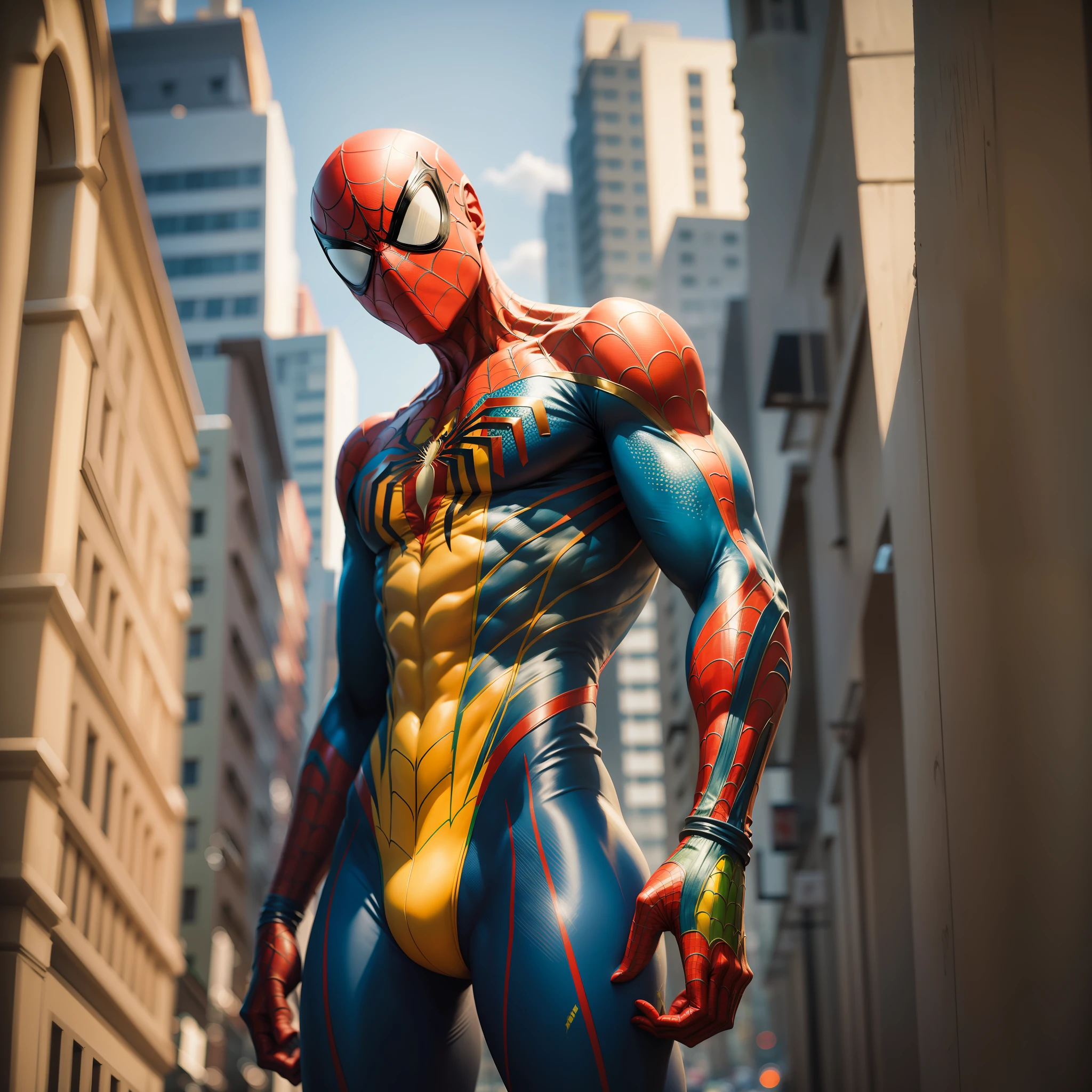 Spider - man in a suit stands in a city street - SeaArt AI