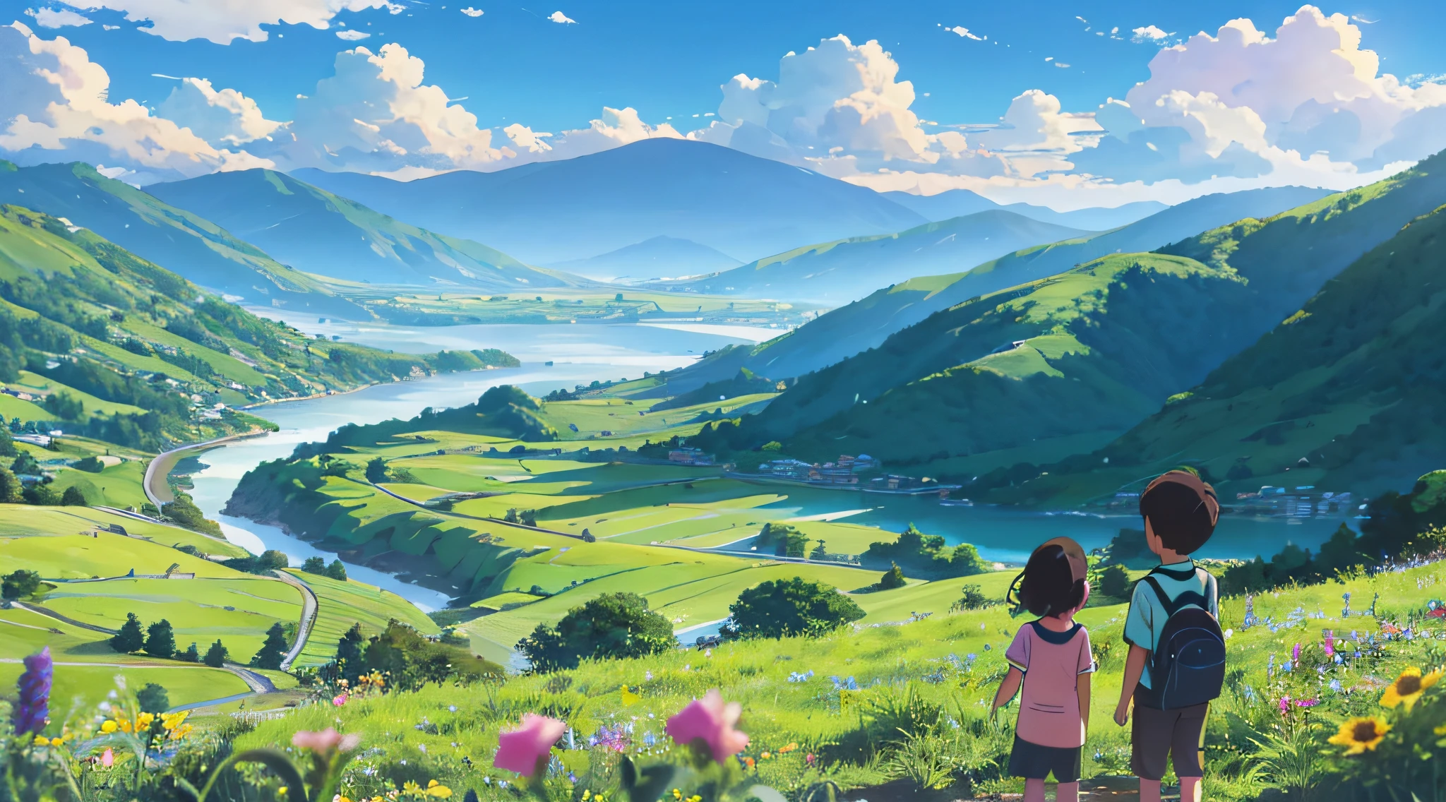 Two children looking at the distant landscape, green mountains, clear blue sky, flocks of birds flying in the sky, butterflies around, small rivers around, grass, flowers on the ground, cartoon style, warm colors --auto --s2