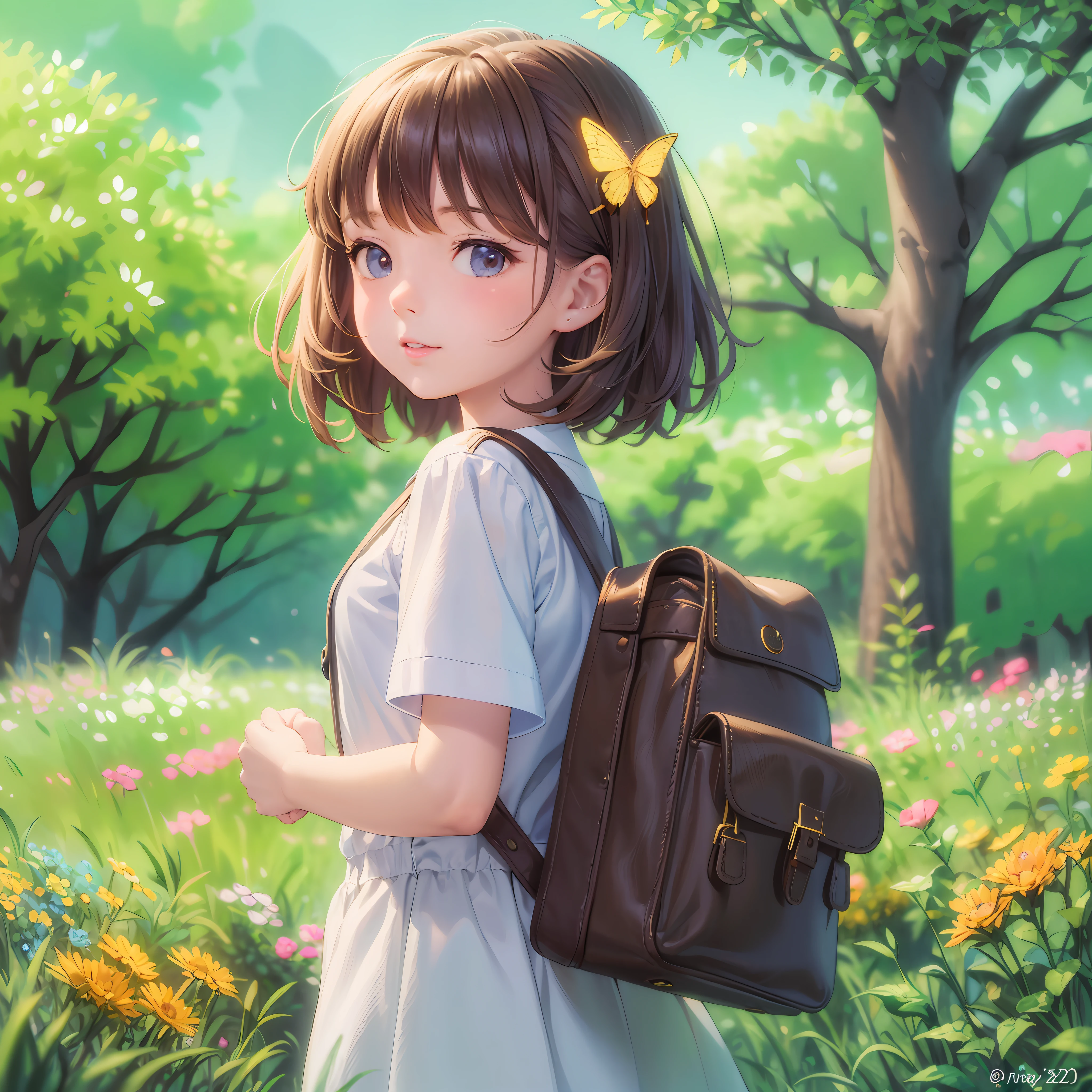 A charming  with a backpack is enjoying a cute spring outing surrounded by beautiful yellow flowers and nature with her cute puppy. The illustration is a high-definition illustration in 4k resolution with highly detailed facial features and cartoon-style visuals, (Butterfly Dance) --auto --s2