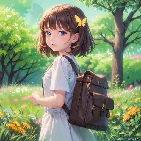 A charming little girl with a backpack is enjoying a cute spring outing surrounded by beautiful yellow flowers and nature with h...