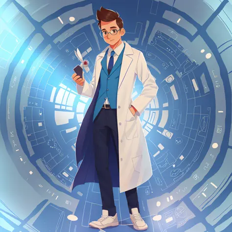 male doctor, very skinny, cartoon doctor, q version doctor, white coat, inch hairstyle, glasses, 3d rendering, solid color backg...