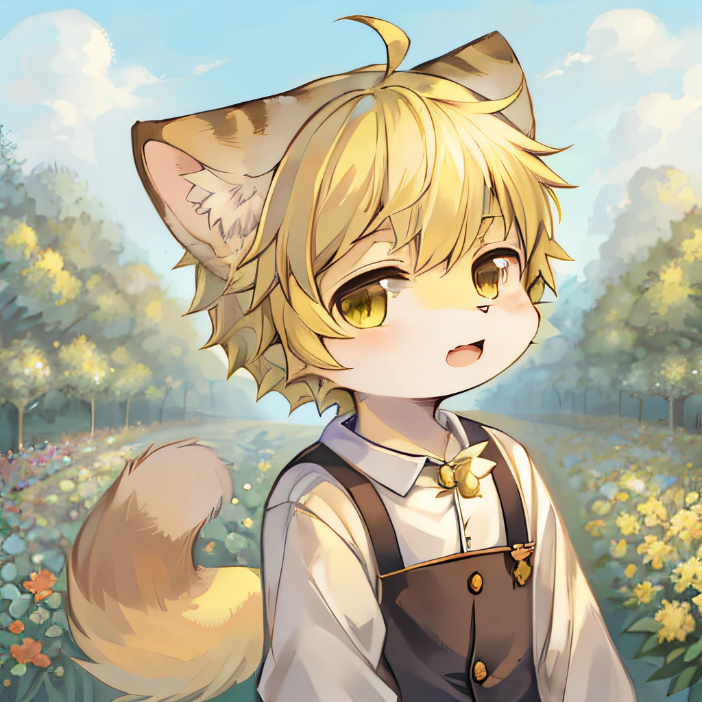 garden, short hair, blonde hair, ahoge, lower body, child, furry, cat ears, open mouth, No spots, Cubs, Yellow hairs all over, Yellow fur all over, Cat ear, Cat type, Big fluffy tail, masterpiece, high quality portrait, anthro, cub, whiskers, solo  boy, windy, posing, full shot, ultra cute face