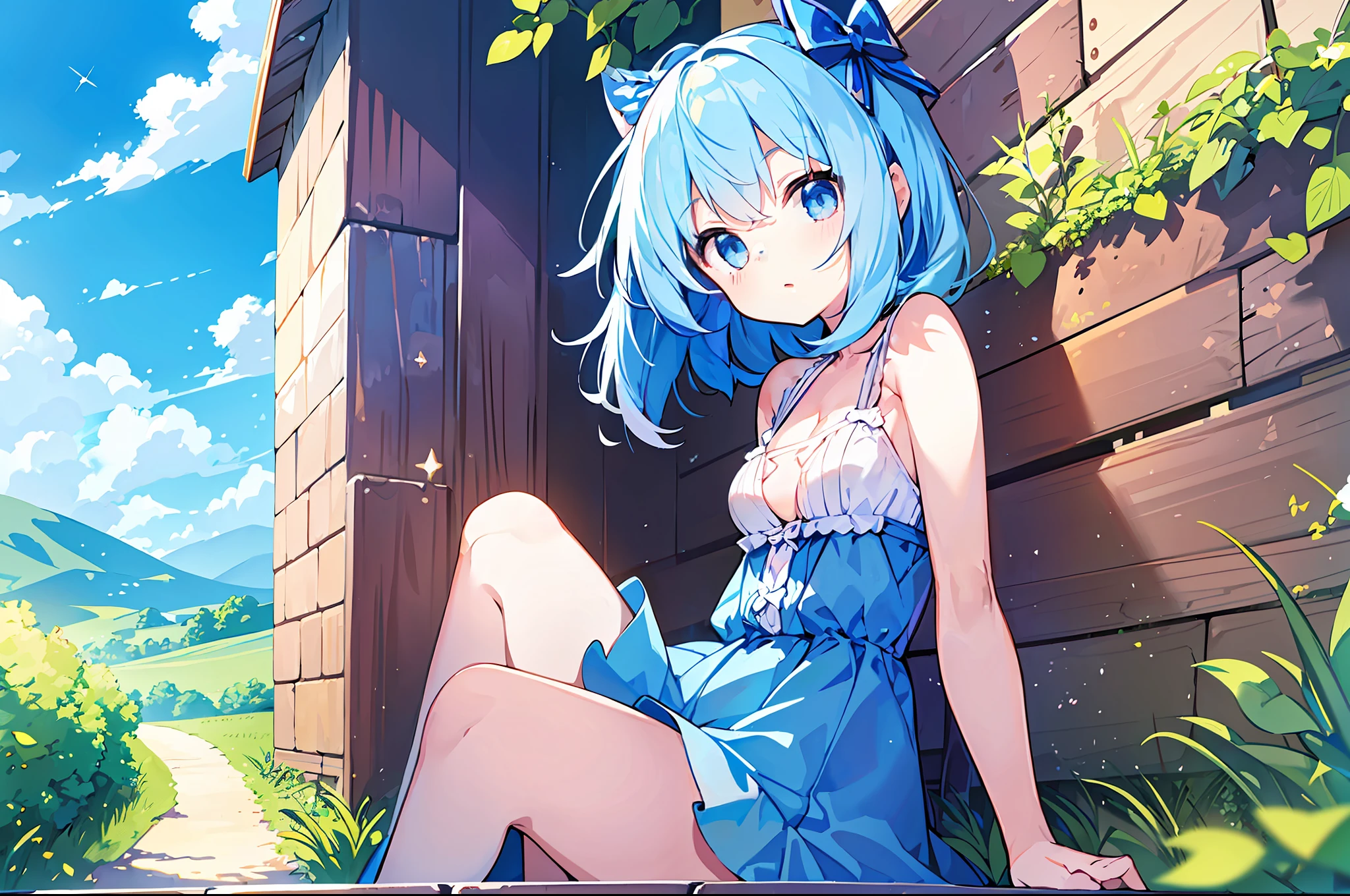 (masterpiece), (top quality), one little girl, loli with pale light blue hair, dress, sleeveless, small breasts, cleavage, thighs, blue sky and meadow