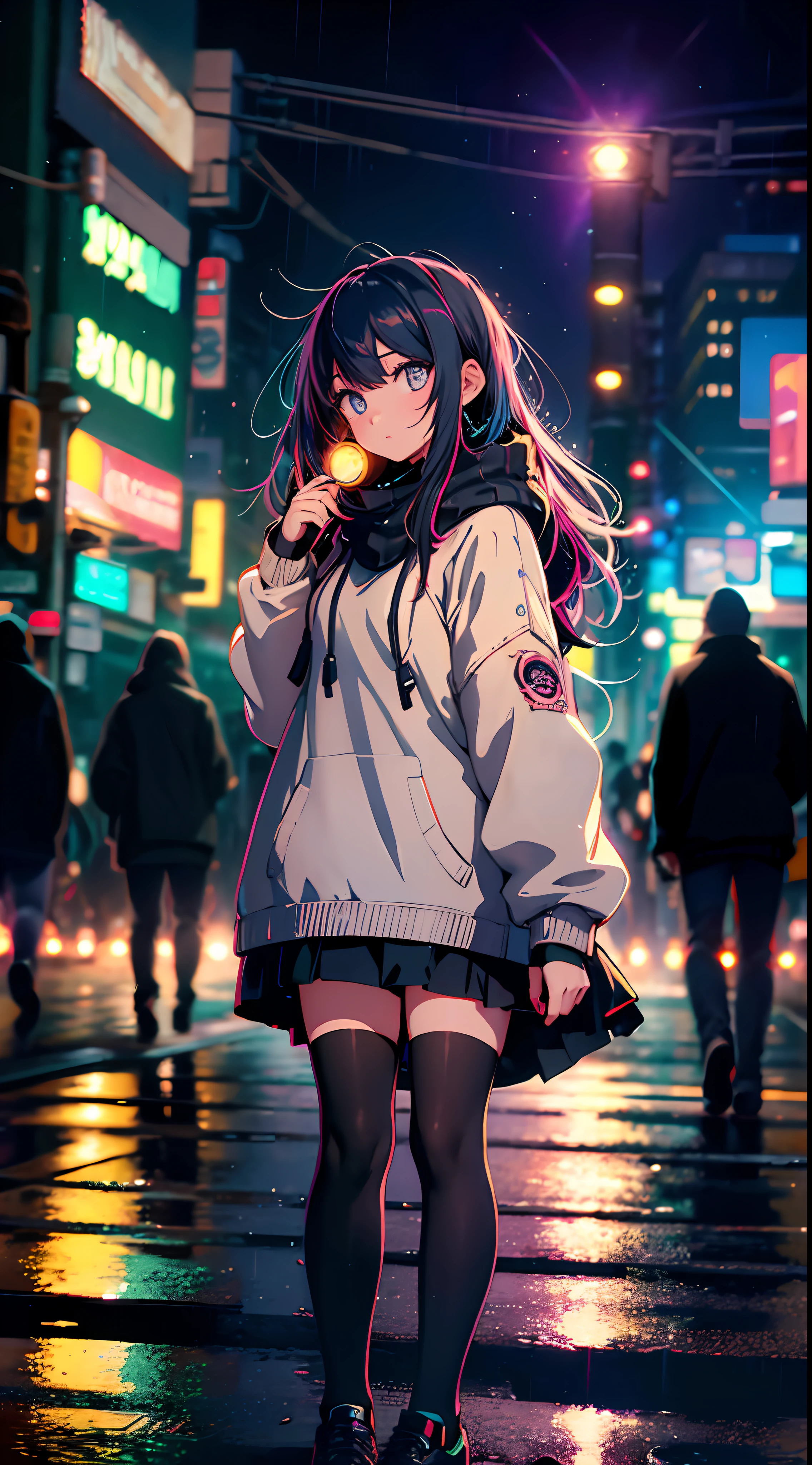 Night, colorful cyberpunk city background, rain, street, teenage girl in comfortable sweater, , black stockings, backlight, looking at the audience, low angle lens, looking up lens, perfect composition, perfect light and shadow delicate, 8k