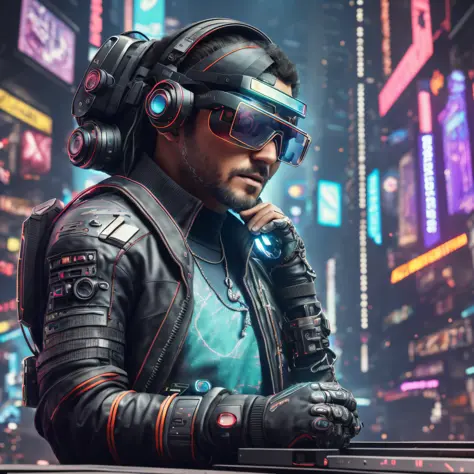 High quality HDR 8k color photography, gamer setup, computer, cyber punk, ultra technological gamer computer, (extremely detailed 32k image)), Canon EOS R3, well lit, flawless skin, (((augmented reality glasses)) detailed (detailed cyberpunk background) ra...