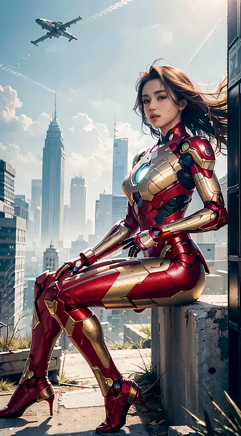 RAW, Masterpiece, Ultra Fine Photo,, Best Quality, Ultra High Resolution, Photorealistic, Sunlight, Full Body Portrait, Stunningly Beautiful,, Dynamic Poses, Delicate Face, Vibrant Eyes, (Side View) , she is wearing a futuristic Iron Man mech, red and gold...