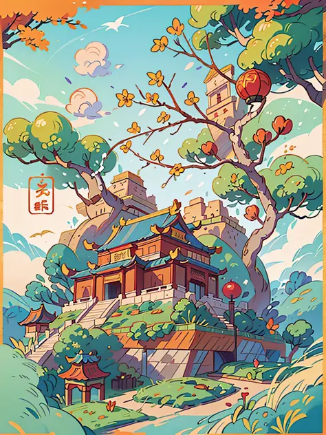 Masterpiece, best quality) Chinese style illustration, packaging, Forbidden City series, Dunhuang murals, spring, summer, autumn and winter, season, plane, Chinese style, national tide, classical, elegant lines, flat illustration of abstract painting of th...