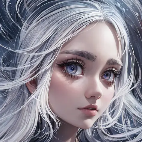 High quality illustration, beautiful drawing style, female head, white hair, abstract background, unique perspective and shape, fine details, big eyes, beautiful face. --auto --s2