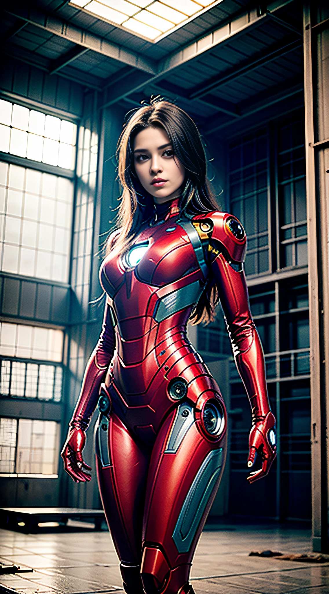 8千, 实际的, 吸引人的, 非常详细, a 20 year old girl a sexy and 吸引人的 woman inspired by Iron Man wearing a shiny Iron Man mech. 她穿衣性感又自信, 完美诠释钢铁侠&#39;的力量和魅力. 废弃仓库作为背景, 营造一种独特的氛围，凸显她的勇敢和毅力. 多云的天空给整个场景增添了紧张和神秘的感觉. 这款高清, 高品质的画面给你带来震撼的视觉体验. 废弃仓库和闪亮机甲的细节会让你目不转睛. OC 渲染, 戏剧灯光, 屡获殊荣的品质