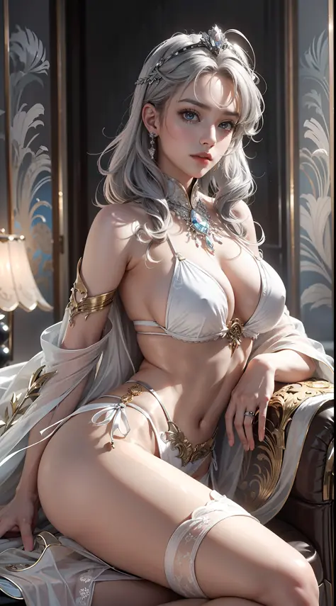 (Extreme Detail CG Unity 8K wallpaper, masterpiece, highest quality), (exquisite lighting and shadow, highly dramatic picture, cinematic lens effect), a girl in a white steel bikini, sexy, charming, enchanting, silver-gray hair color, Wenger, Marvel, sitti...