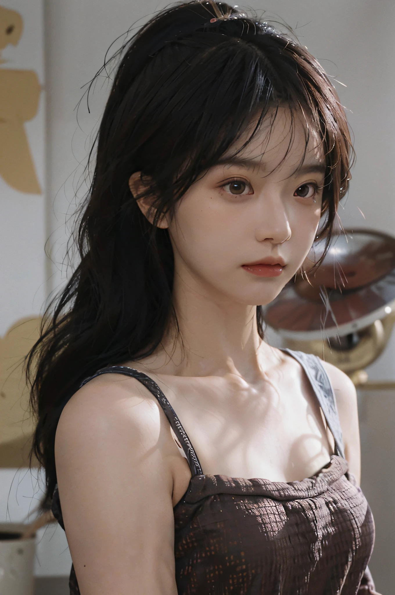 Temperament girl, delicate facial features, bangs, brown double ponytail, messy hair, hair is very realistic, wearing a short-sleeved dress, Du Qiong, delicate makeup, light red lips, big eyes, double eyelids, black holes, bright eyes, symmetrical face, face is very real, meticulously portrayed the girl's face real human skin, blush, super high face value goddess level, looking at the audience, very realistic skin, skin oil reflection, artwork, clothes with real fabric texture, realistic painting, film style, Photography level, ray tracing, real light and shadow effects, realism, masterpiece, just like the top photography effect, 8K highest quality picture quality is full