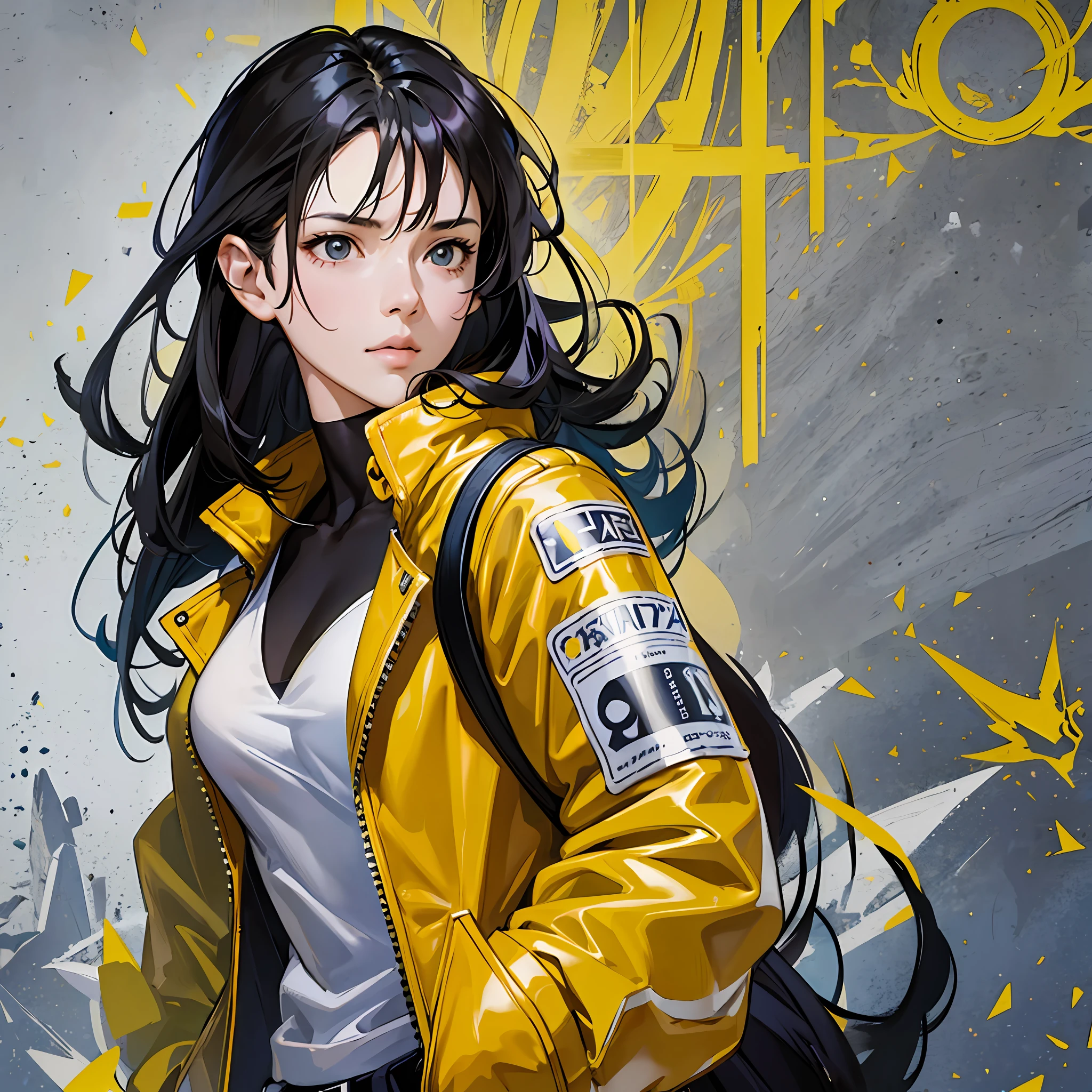 A girl, yellow jacket, hands in pockets, staring at another person, long black hair, 8k resolution, very detailed, anatomically correct, digital painting, concept art, Shinkai Makoto style, clear picture, --auto --s2