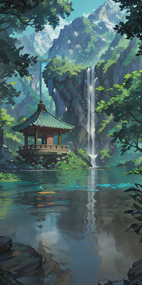 Chinese ancient times, spring, jungle, lake, cave, waterfall, tree, meadow, rock, deer, hot spring, water vapor, (illustration: 1.0), epic composition, realistic lighting, HD details, masterpiece, best quality, (very detailed CG unified 8k wallpaper)