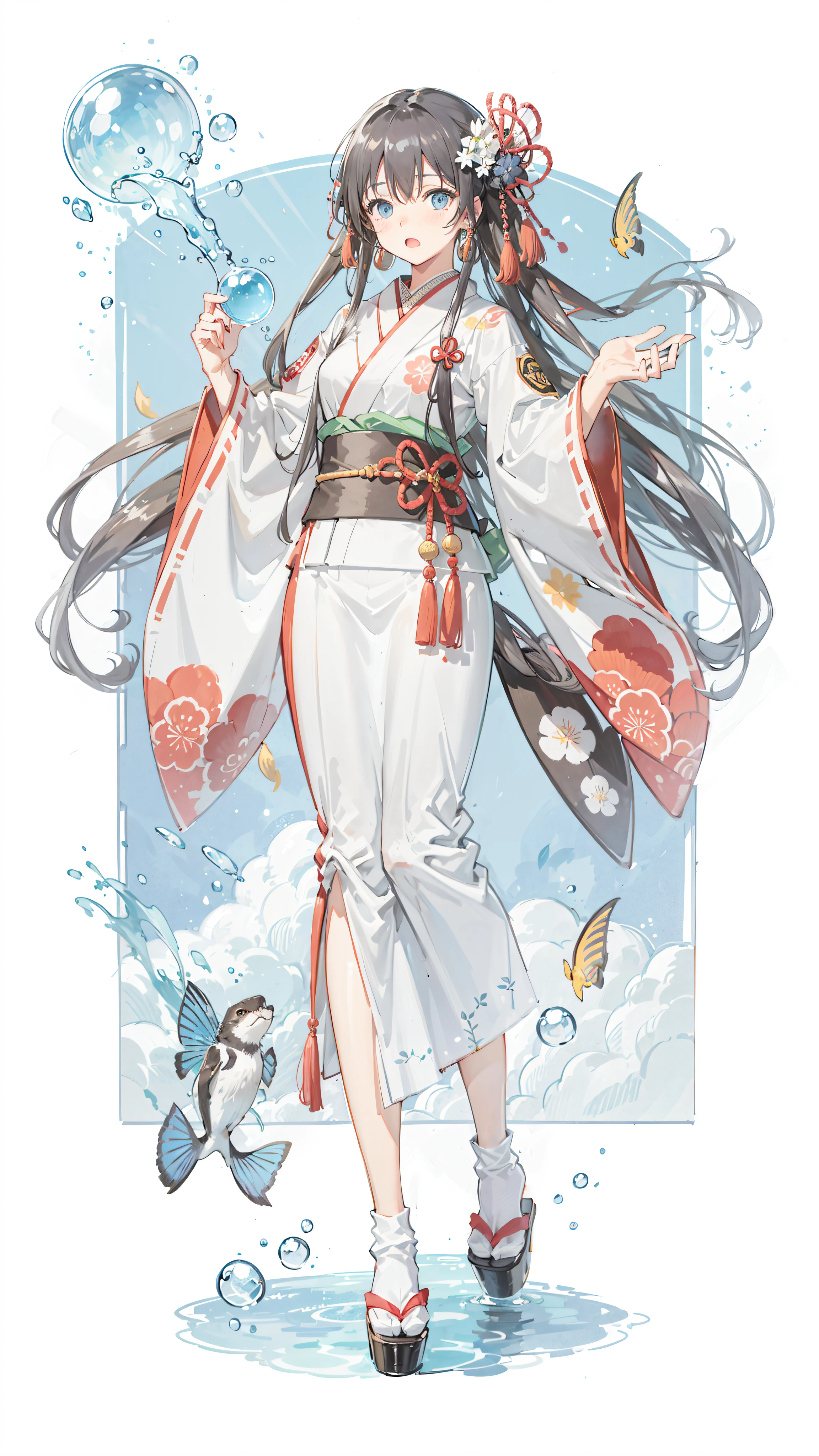 1girl, long hair, black hair, fish, blue eyes, kimono, japanese clothes, solo, red kimono, very long hair, looking at viewer, wide sleeves, bubble, long sleeves, parted bangs, standing, holding, bangs, animal, air bubble, water