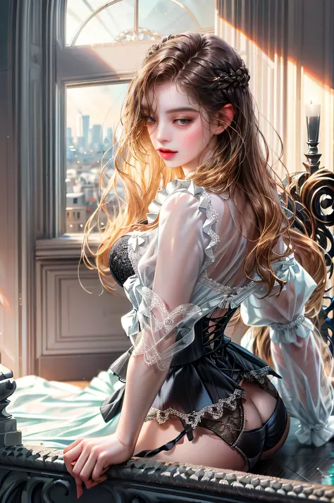 Maid in love with a young aristocratic woman Maid in love with a young aristocratic young woman (absurd, high resolution, ultra detailed), Gefax employee, sleeveless ((black lingerie)), , one with long hair, one short one behind the woman behind the woman ...