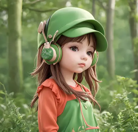 Little girl, with headphones, with a pistol, and in the forest, her clothes are green and she has a red hat