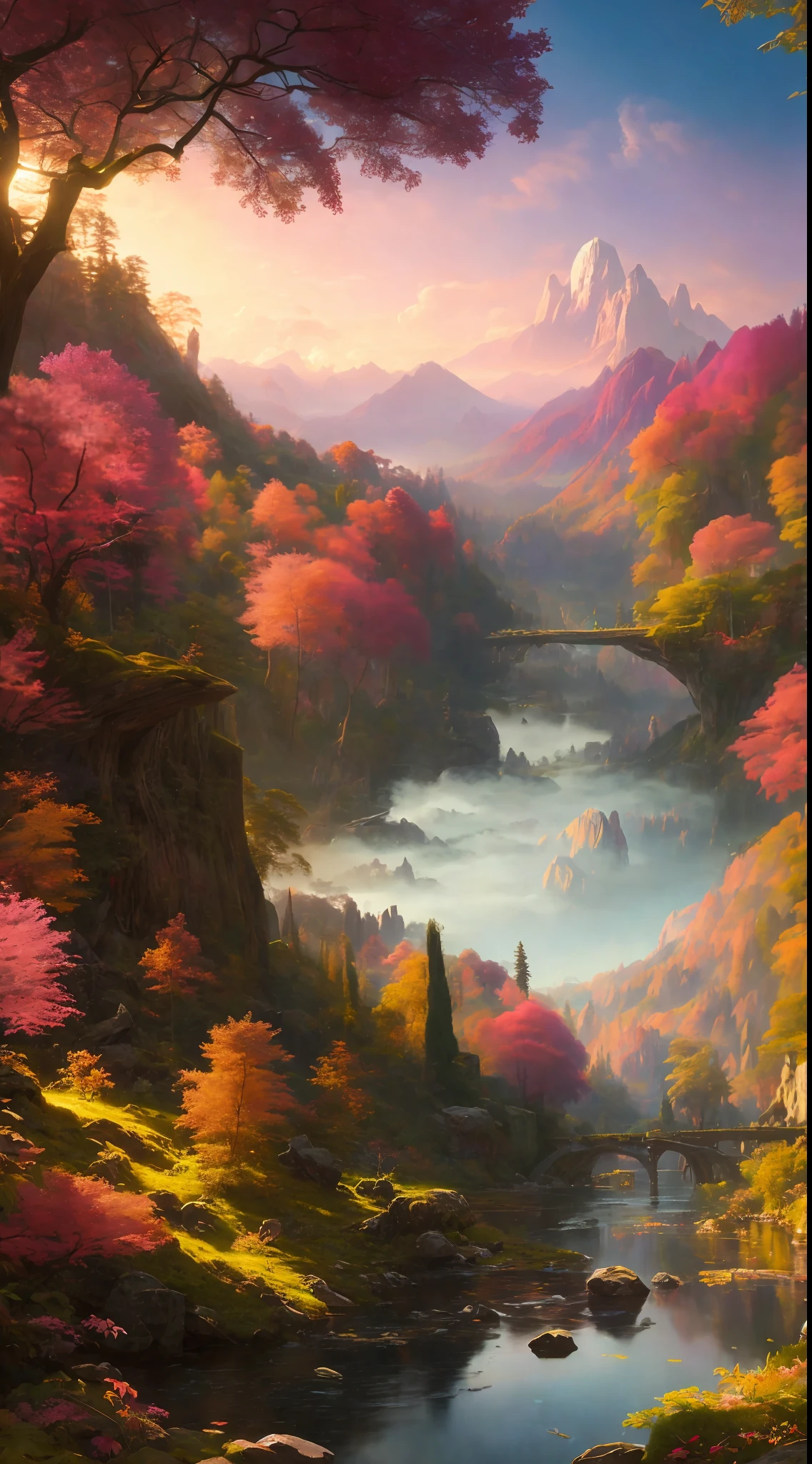 Chroma V5, nvinkpunk, (very detailed CG unified 8k wallpaper), majestic forest landscape surrounded by lush pink foliage, award-winning photography, chromatic aberration, detail, HDR, Bloom, Thomas Cole, Frederic Church and Albert Bierstadt, trends on artstation, trends on CGsociety, Intricate, High Detail，dramatic，art by midjourney