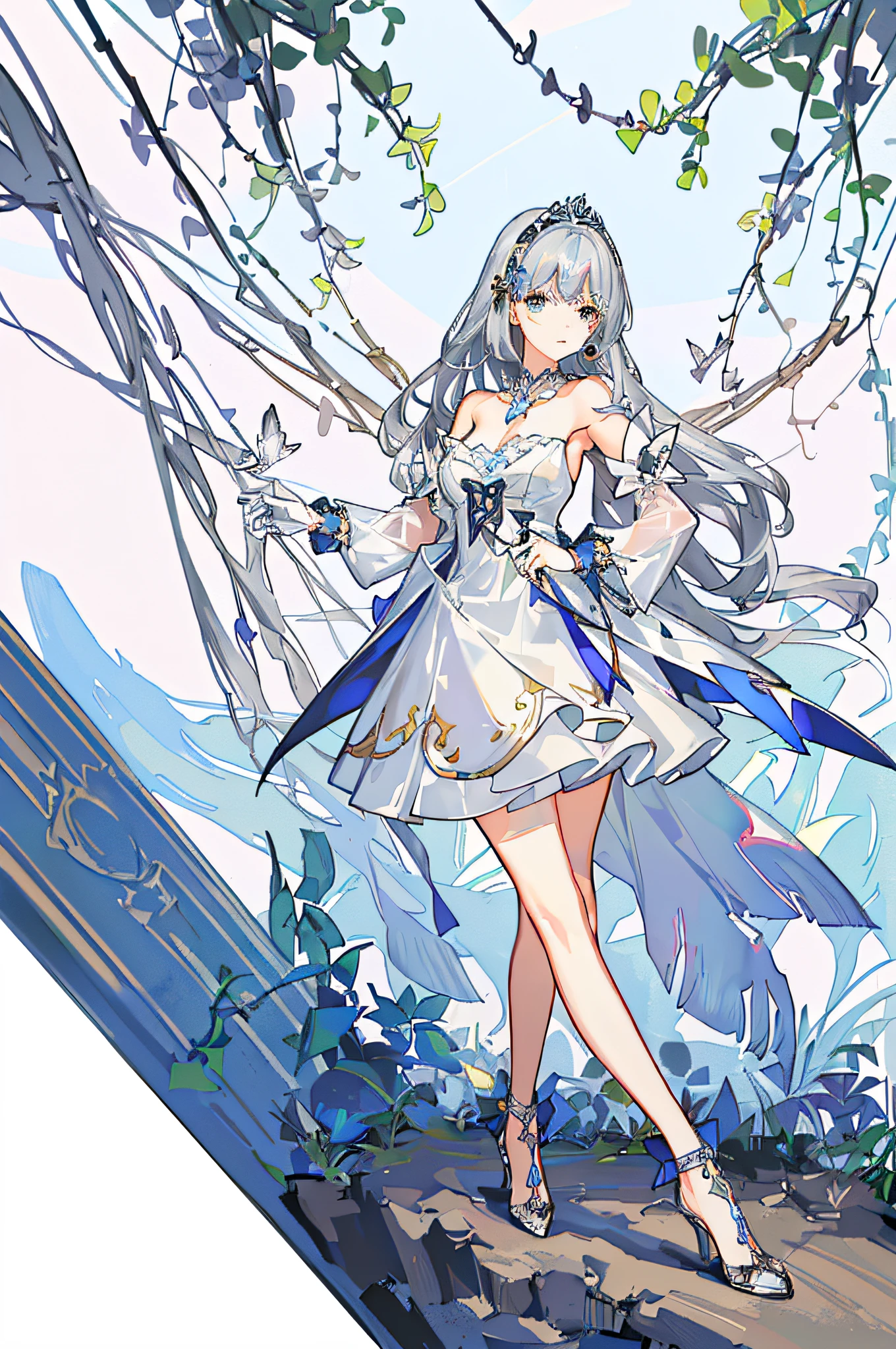 masterpiece, best quality, ultra detail, illustration, portrait, 1girl, st. louis \(luxury wheels) \(Azure Lane\), hair ornament, earrings, necklace, portrait, ((((silver dress))), (((revealing clothing))), looking at the viewer, solo,walking gracefully