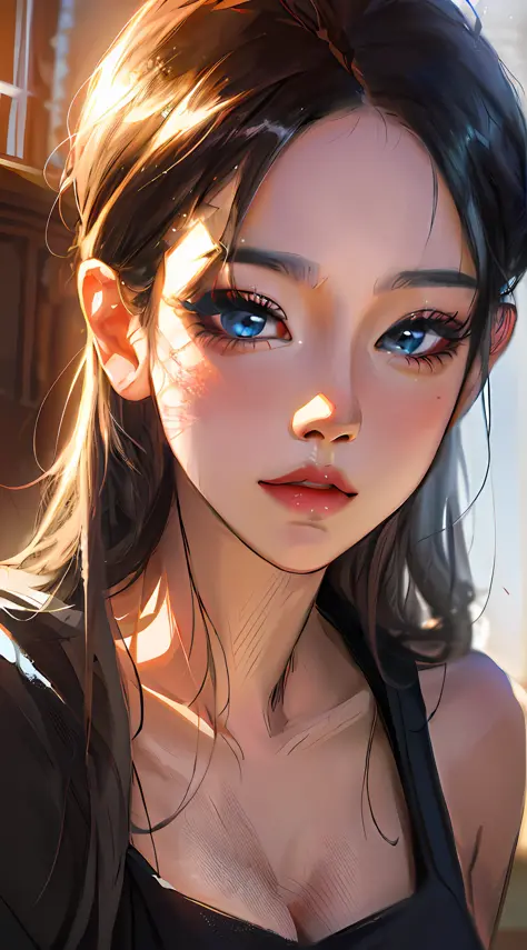 anime girl with black hair and blue eyes posing for a picture, artwork in the style of guweiz, realistic anime 3 d style, rossdraws portrait, realistic anime artstyle, rossdraws global illumination, stunning anime face portrait, realistic artstyle, anime r...