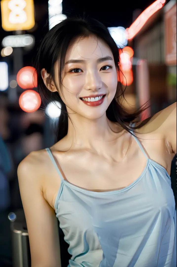 1girl, idol, model, depth of field, photo, film, face, skinny, smile, collarbone, teeth, movie, camisole, selfie, night,