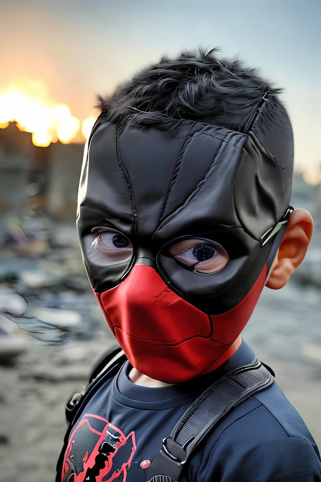 guttonerdvision4, a 3-year-old boy, wearing glasses, wearing the character "Deadpool" outfit full body. ((He's not wearing the mask)). The setting is a burning environment with pieces of stone around it and rubble on fire. Realistic scene and (((detailed))), with depth of field to give more realism to the scene.