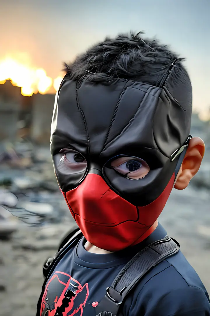 guttonerdvision4, a 3-year-old boy, wearing glasses, wearing the character "deadpool" outfit full body. ((he's not wearing the m...